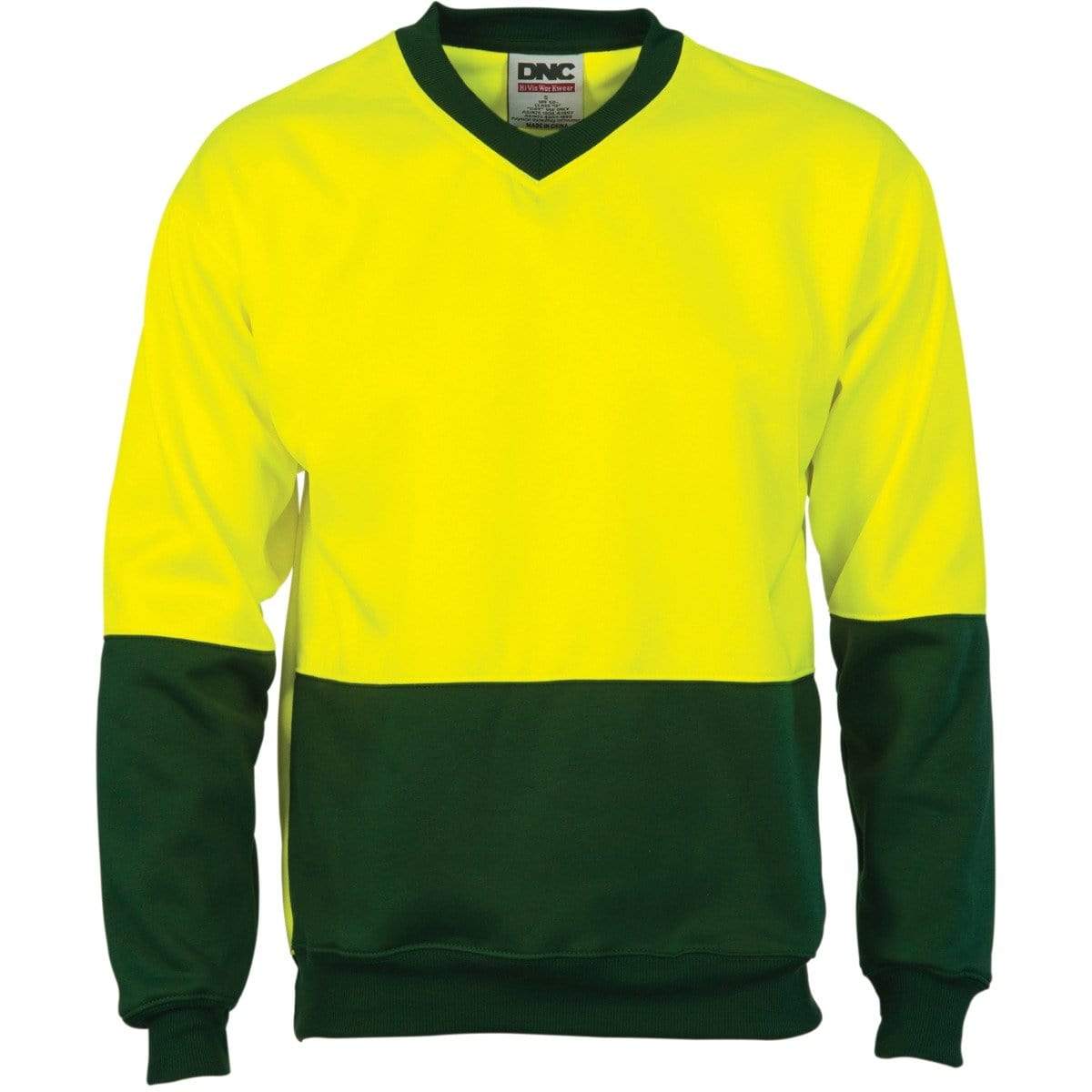 Dnc Workwear Hi-vis Two-tone Fleecy V-neck Sweatshirt (Sloppy Joe) - 3822 Work Wear DNC Workwear Yellow/Bottle Green XS 